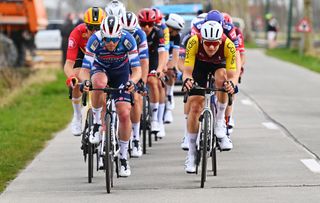 KOKSIJDE BELGIUM MARCH 21 LR Luke Lamperti of The United States and Team Soudal QuickStep and Aime De Gendt of Belgium and Team Cofidis compete in the breakaway during the 23rd Bredene Koksijde Classic 2025 a 2009km one day race from Bredene to Koksijde on March 21 2025 in Koksijde Belgium Photo by Luc ClaessenGetty Images