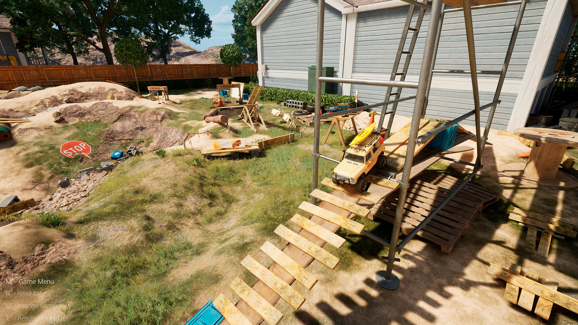 A screenshot from TrophyRC of a small remote controlled truck traversing a backyard obstacle course