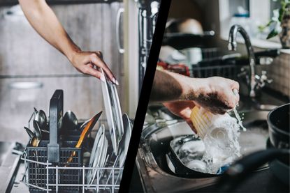 Left, person loading dishes into a dishwasher. Right, person washing dishes in sink