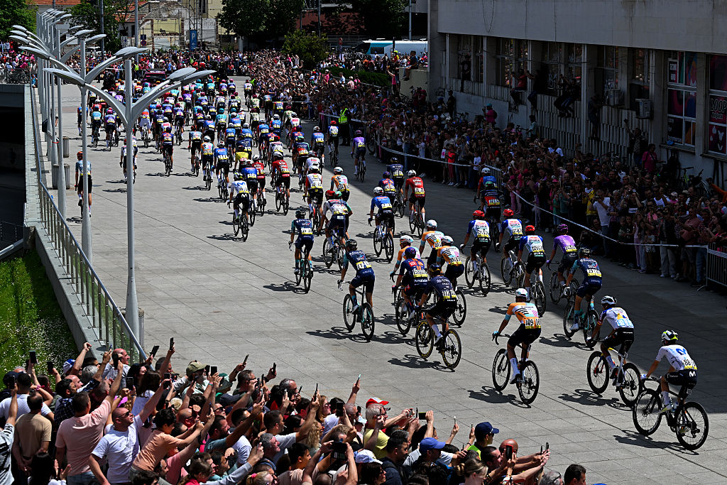 PLOVDIV, BULGARIA - MAY 10: A general view of the peloton prior to the 109th Giro d&amp;amp;apos;Italia 2026, Stage 3 a 175km stage from Plovdiv to Sofia / #UCIWT / on May 10, 2026 in Plovdiv, Bulgaria. (Photo by Tim de Waele/Getty Images)