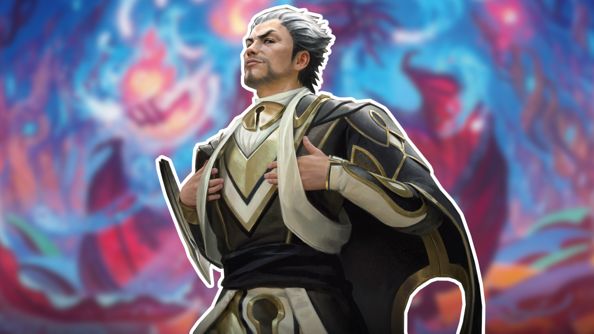 A haughty-looking man in robes gazes down at the viewer while standing against a colorful background