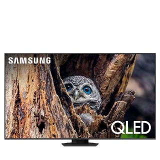 A Samsung Q80D TV on a white background. The screen shows an owl in a tree. Twit-twoo!