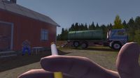 The protagonist of My Summer Car smoking a cigarette outside while a truck in the background pumps out a septic tank.