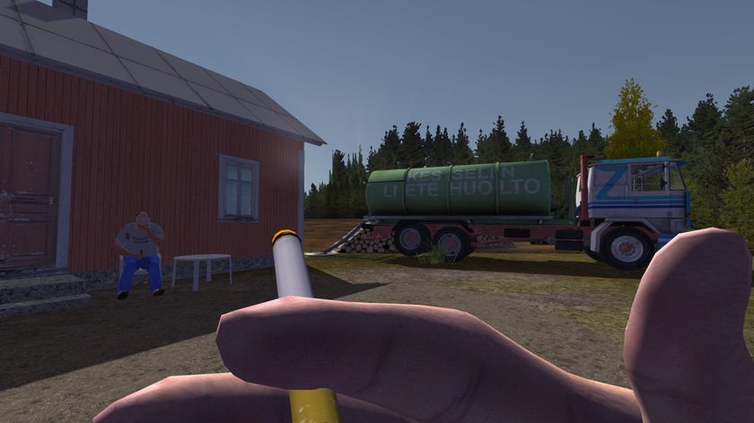 The protagonist of My Summer Car smoking a cigarette outside while a truck in the background pumps out a septic tank.