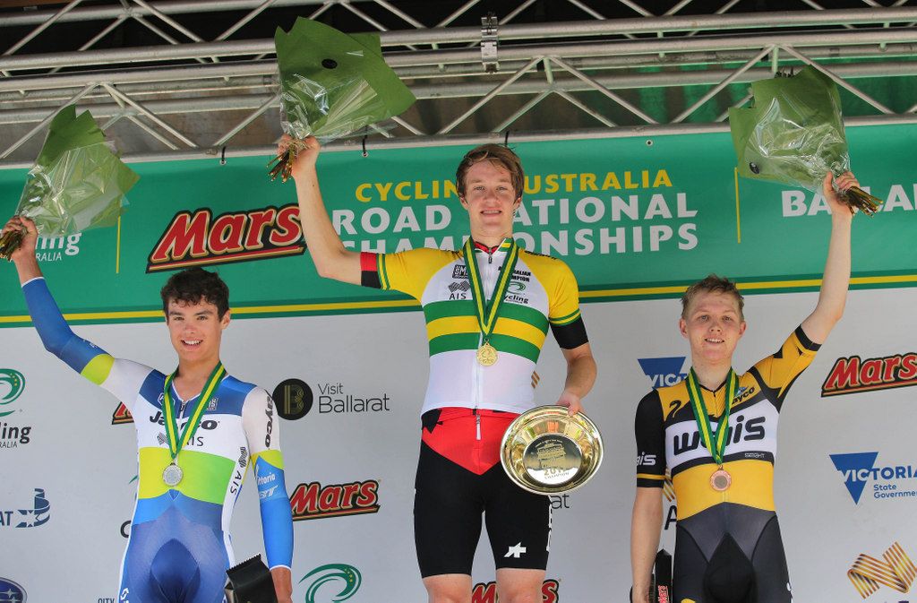 Robert Stannard, Callum Scotson (BMC Development Team), and Michael Storer on the podium