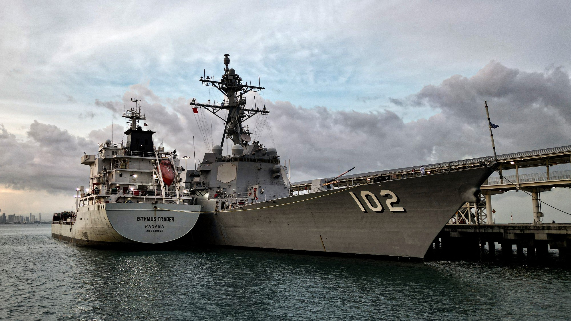 The US Navy warship USS Sampson (DDG 102) docks at the Amador International Cruise Terminal in Panama City 