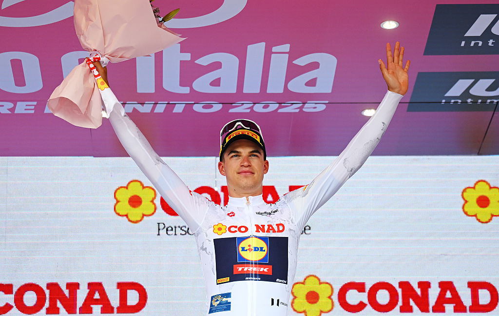 VLORE ALBANIA MAY 11 Mathias Vacek of Czech Republic and Team Lidl Trek celebrates at podium as White best young jersey winner during the 108th Giro dItalia 2025 Stage 3 a 160km stage from Vlore to Vlore UCIWT on May 11 2025 in Vlore Albania Photo by Tim de WaeleGetty Images
