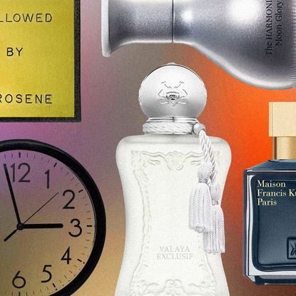 perfume bottles and black clocks on a colorful gradient background