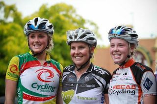 The inaugural women's podium: Lauren Perry (Lawson Homes), Belinda Goss (Pure-Tas), and Macey Stewart (Recab Cycling)