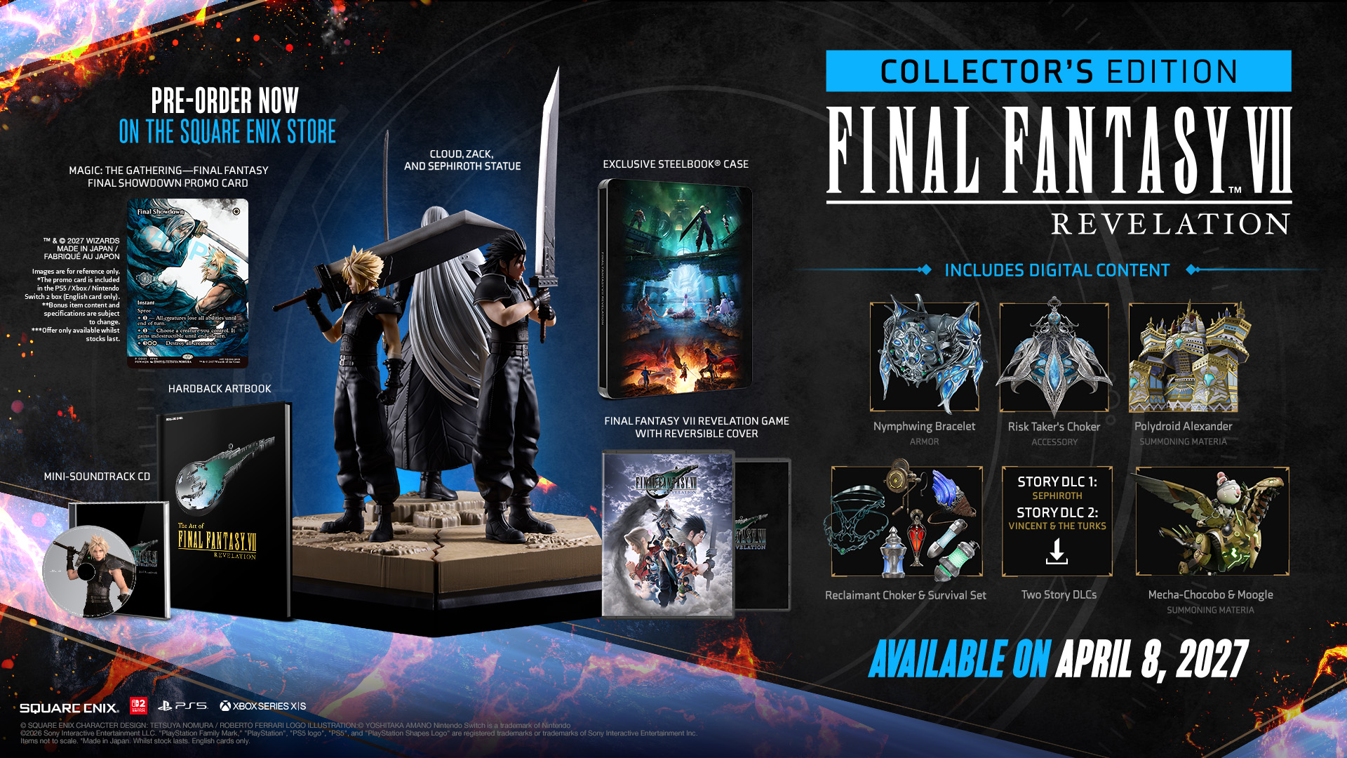 Promotional image for Final Fantasy VII Revelation Collector's Edition, showcasing a character statue, steelbook, artbook, and various digital items.