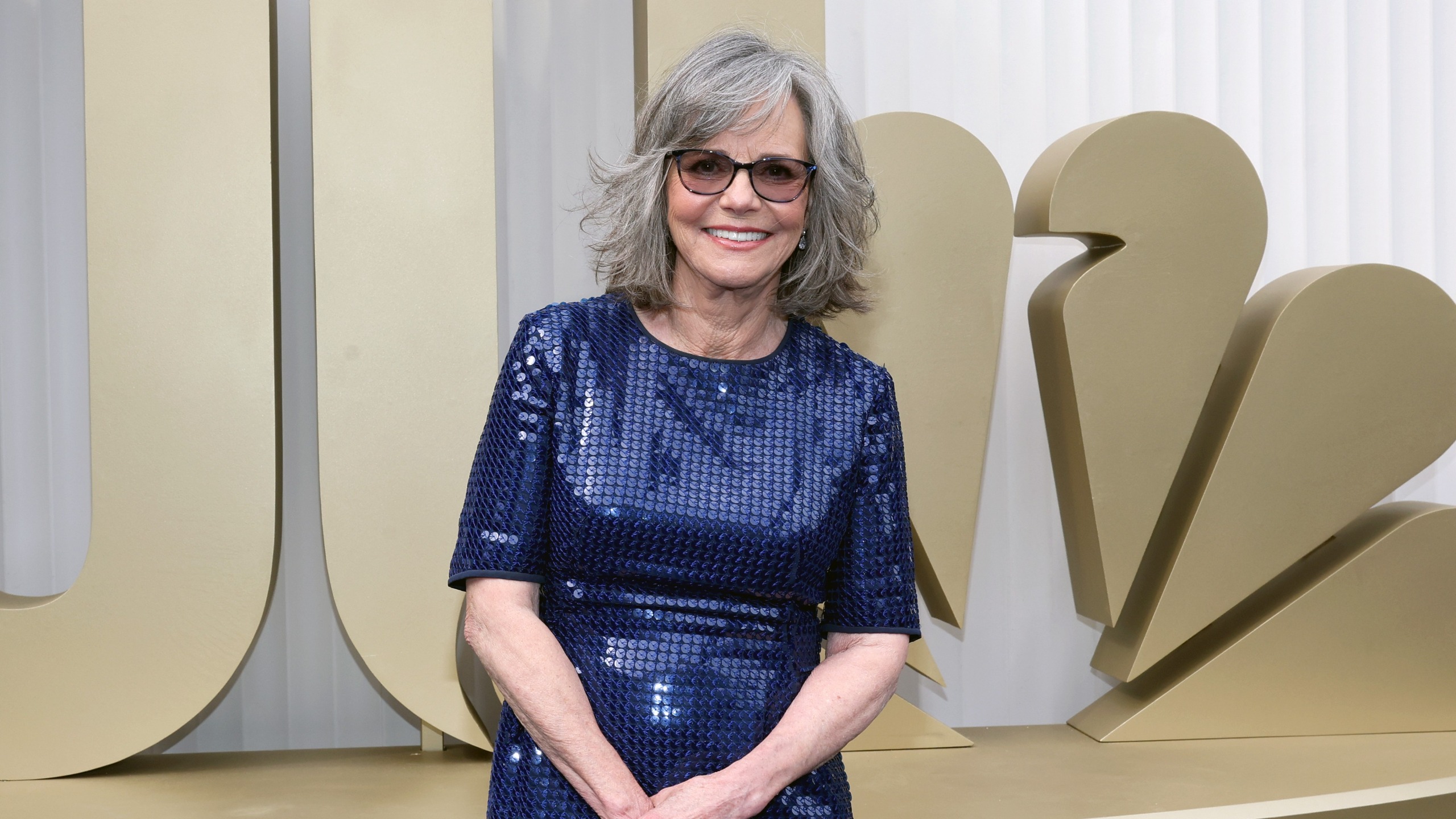 sally field wears long blue sequin dress at the 2026 emmy awards