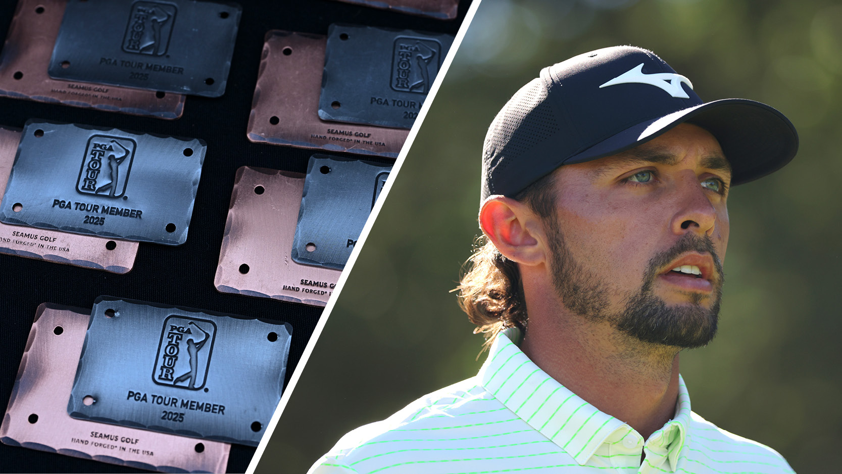 PGA Tour cards arranged on a black background (left) and Marco Penge looking on (right)