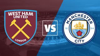 West Ham and Manchester City crests on a background of the team colours