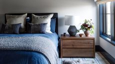 Bedroom with blue bedding and window panes