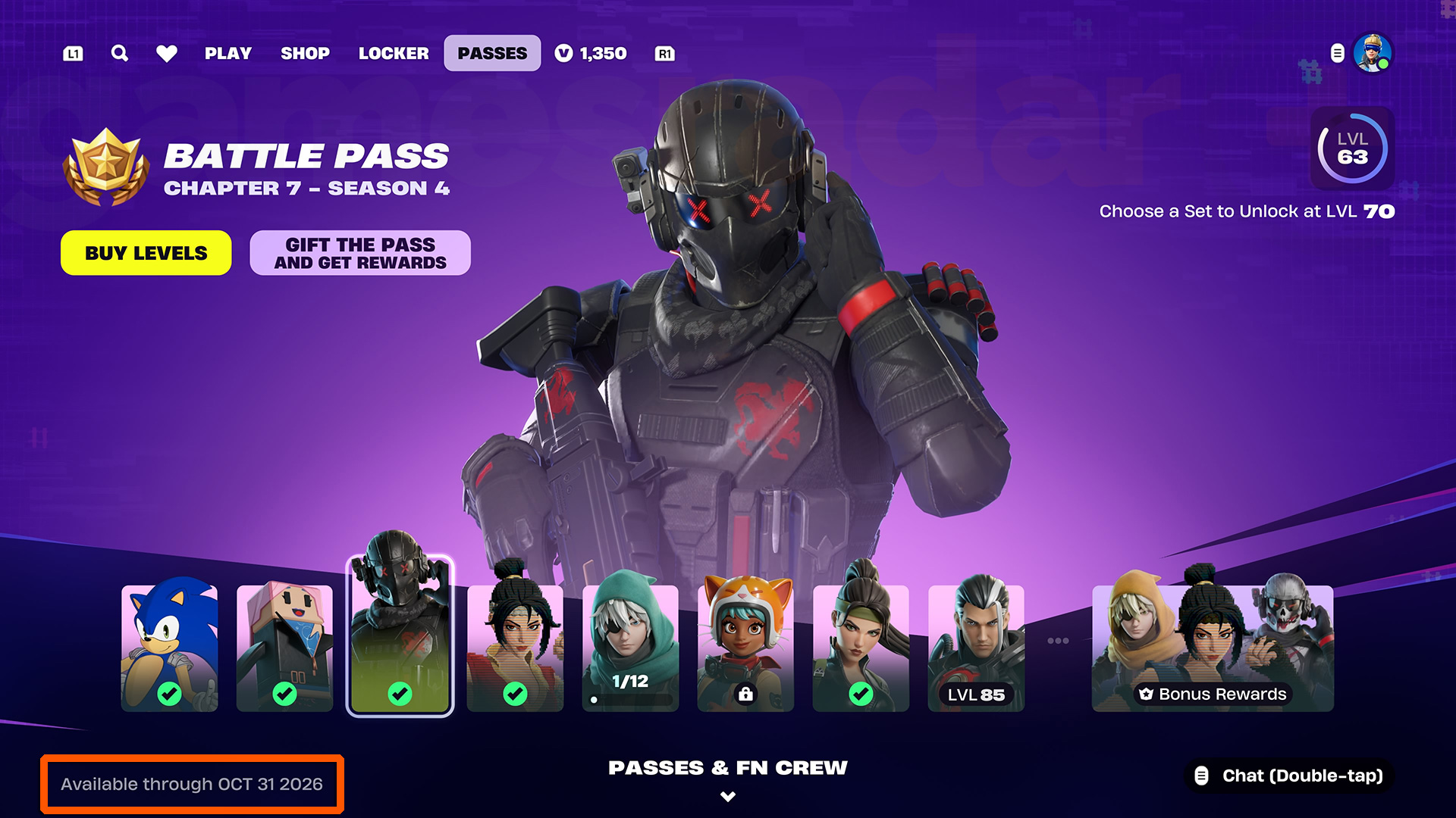 The Battle Pass screen for Chapter 7 Season 4 showing the end date leading to the Fortnite Treasure Hunters Season