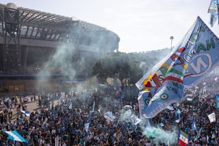 NAPLES ITALY MAY 07 Napoli supporters celebrate the Napoli football team third Scudetto Serie A championship title since 1990 in front of the Maradona stadium ahead of the Napoli vs Fiorentina match in Naples Italy on May 7 2023 Photo by StringerAnadolu Agency via Getty Images