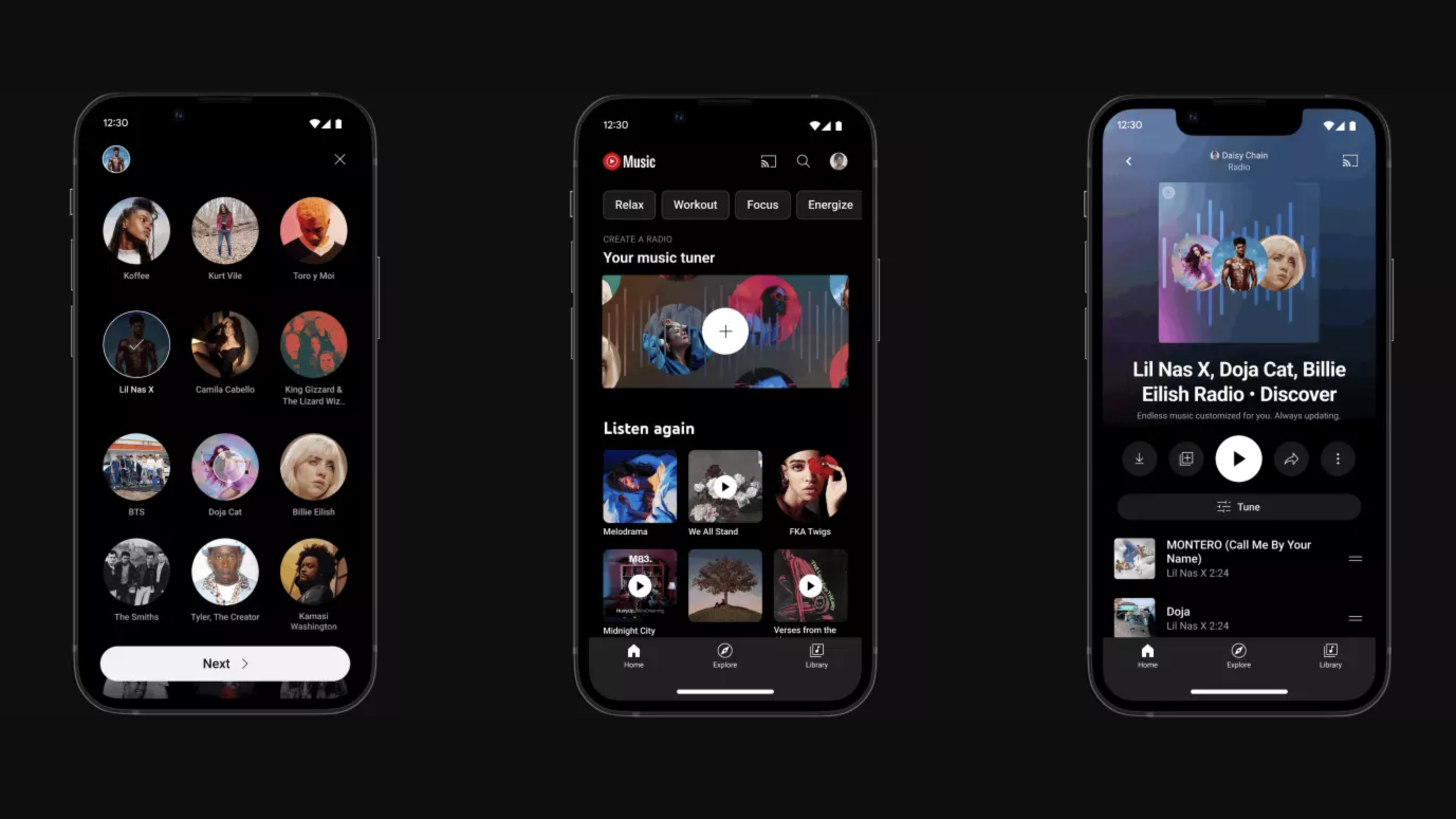 Screenshots of the YouTube Music app on a smartphone.