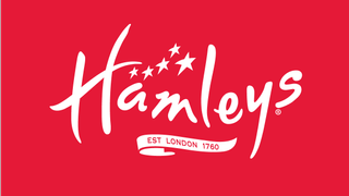 Hamleys (est. London 1760) wordmark in script font, white on red background