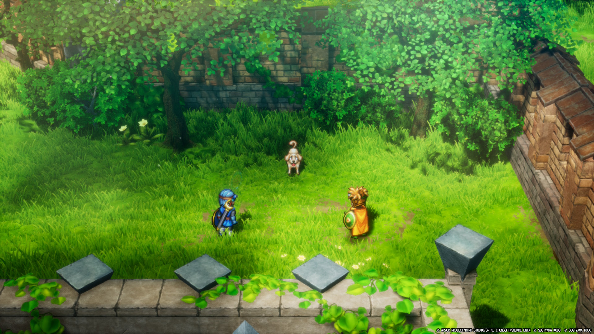 Two characters and a dog in Dragon Quest I & II HD-2D Remake
