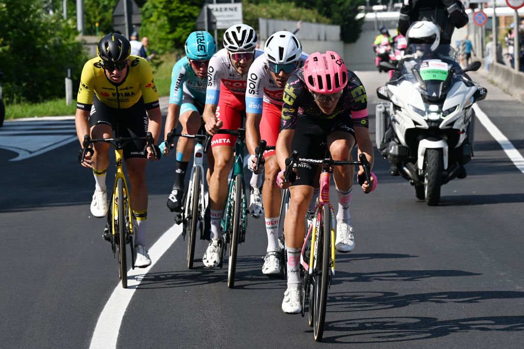PADOVA ITALY MAY 23 LR Edoardo Affini of Italy and Team Visma Lease a Bike Filippo Fiorelli of Italy and Team VF Group Bardiani CSF Faizane Andrea Pietrobon of Italy Mirco Maestri of Italy and Team Polti Kometa and Mikkel Frolich Honore of Denmark and Team EF Education EasyPost compete in the breakaway during the 107th Giro dItalia 2024 Stage 18 a 178km stage from Fiera di primiero to Padova UCIWT on May 23 2024 in Padova Italy Photo by Tim de WaeleGetty Images