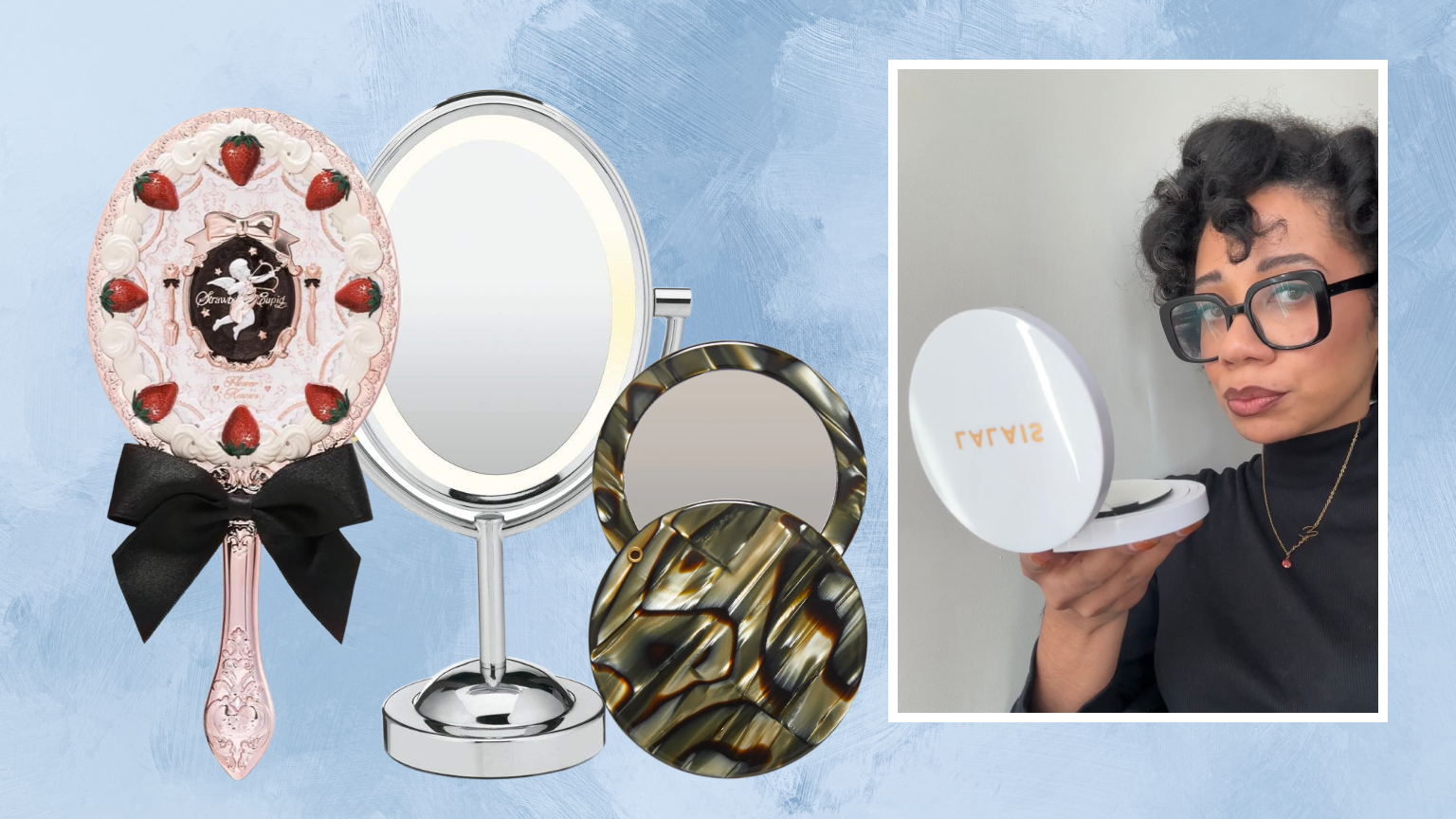 makeup mirrors on a blue background next to a woman with glasses wearing a black turtleneck