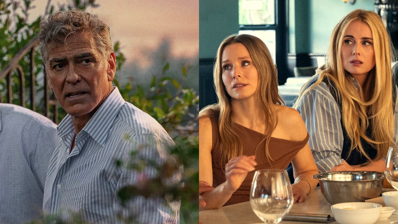 From left to right: George Clooney in Jay Kelly and Kristen Bell and Justine Lupe in Nobody Wants This. 