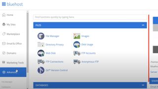 Bluehost's cPanel management interface for hosting
