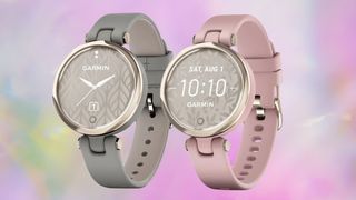 Garmin Lily watches in gray and pink on abstract pink background