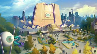 A wide shot of Monstropolis in Monsters Inc. Land concept art.