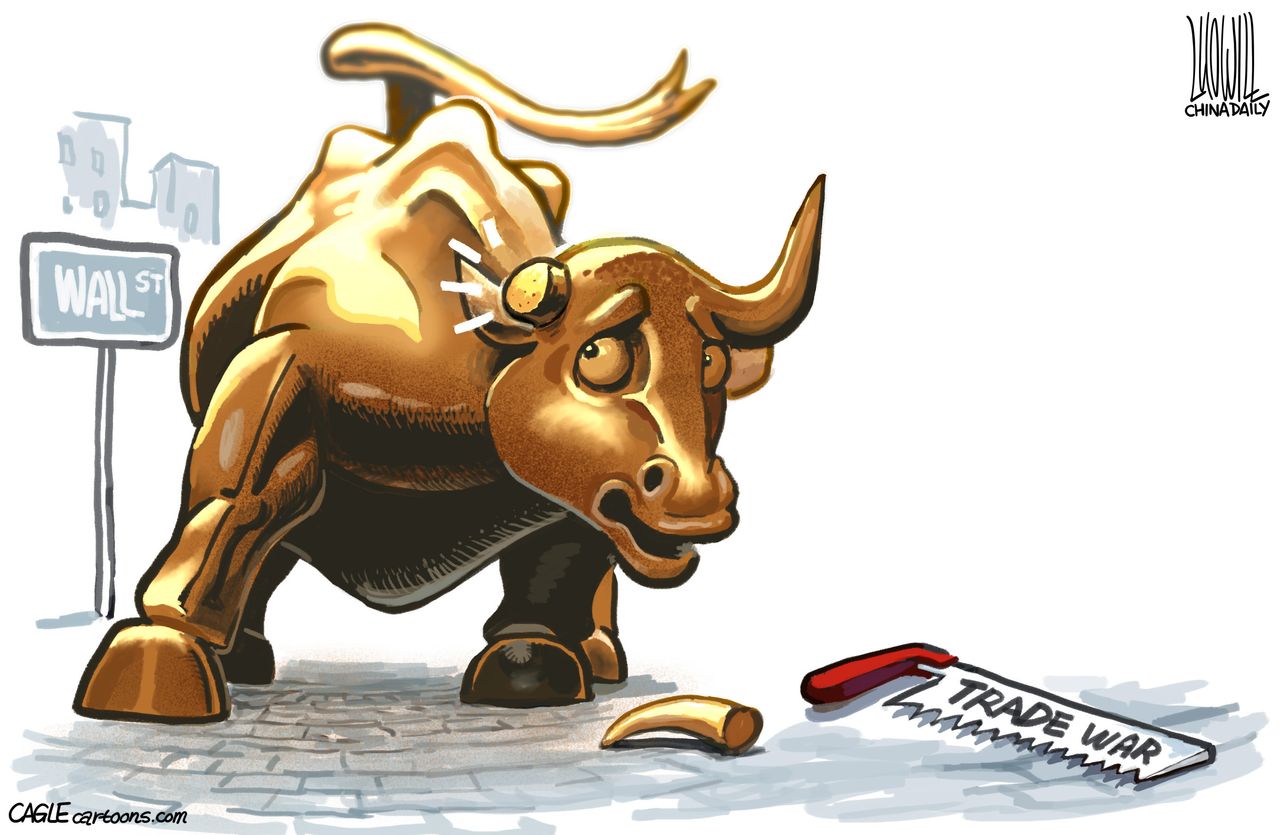 Editorial Cartoon U.S. trade war wall street damaged bull