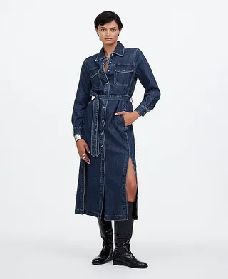 madewell, Denim Tie-Waist Midi Shirtdress in Avenida Wash