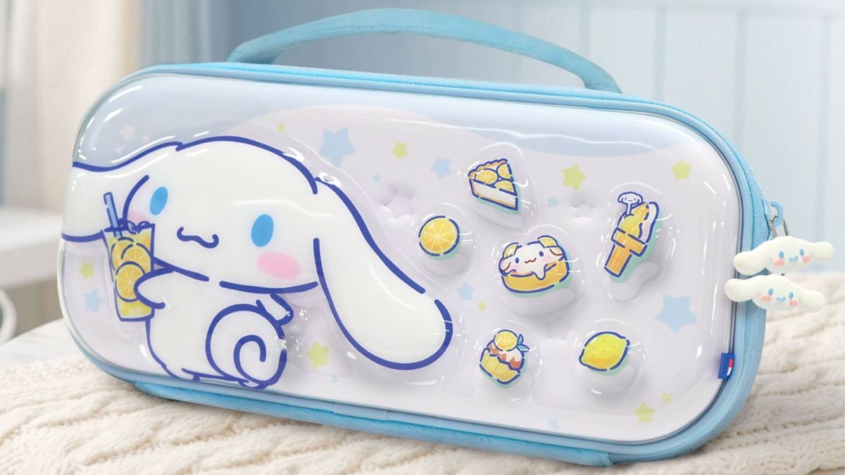 Official Hori image of the Cinnamoroll Puffy Hybrid Pouch for Nintendo Switch 2.