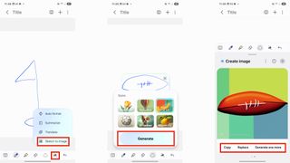Screenshots for using AI Drawing Assist in Samsung apps.