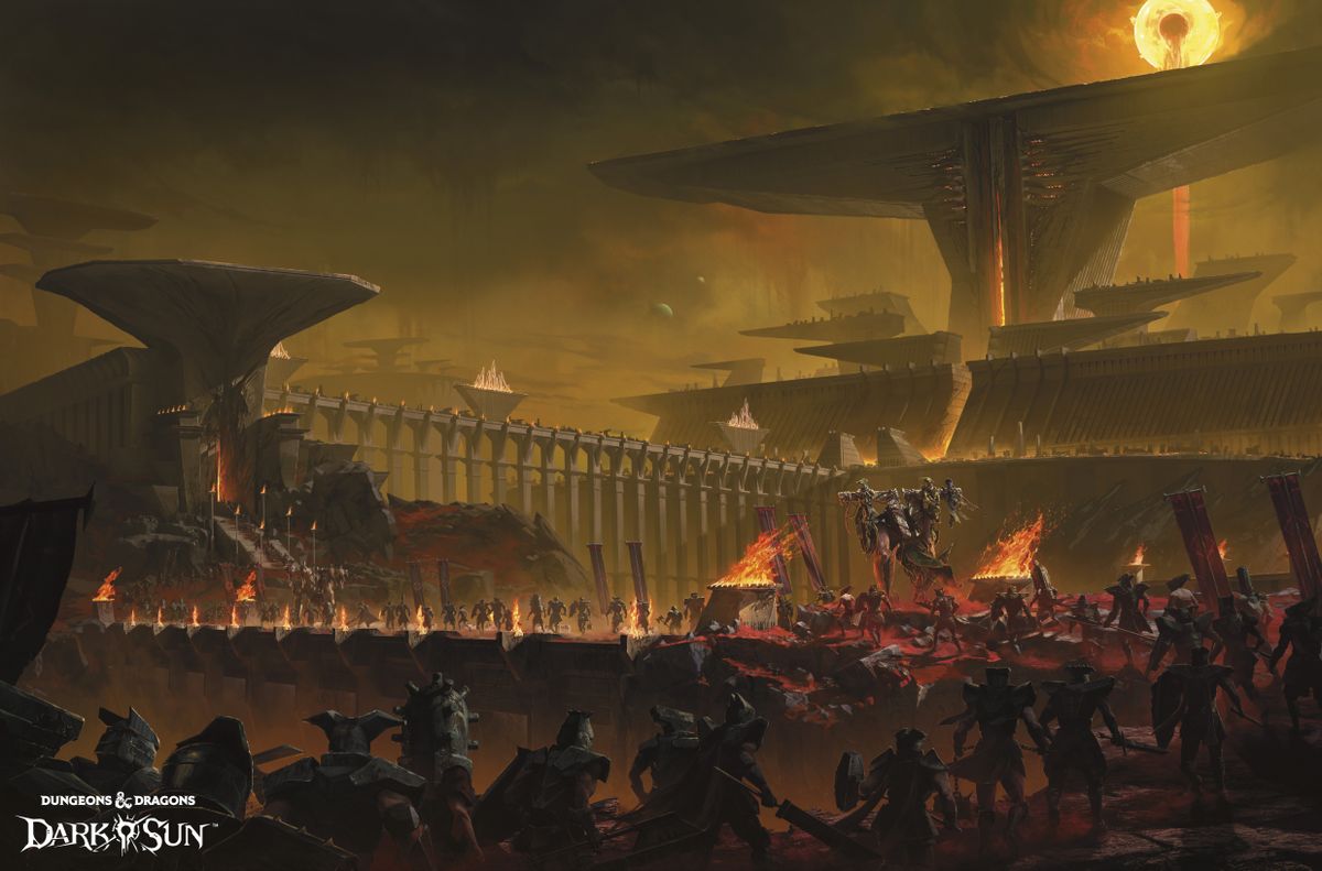 A dark, metallic city with multiple warriors and flaming torches seen through the gloom