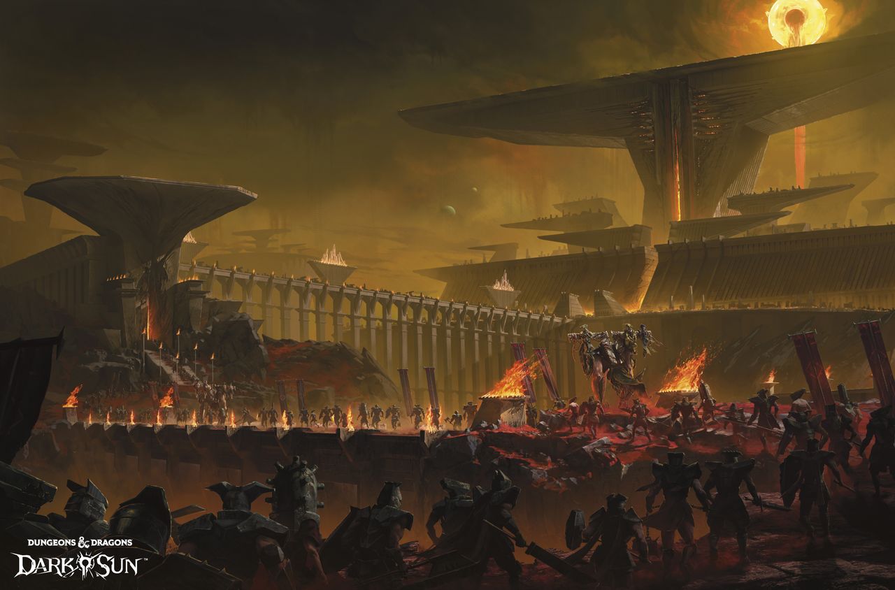 A dark, metallic city with multiple warriors and flaming torches seen through the gloom
