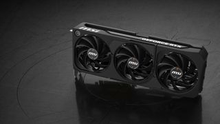 The MSI GeForce RTX 5080 Shadow 3X OC graphics card placed vertically
