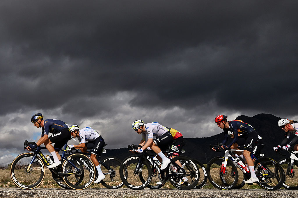 YECLA, SPAIN - FEBRUARY 13: (L-R) Quinten Hermans of Belgium and Team Pinarello Q36.5 Pro Cycling, Jefferson Alveiro Cepeda of Ecuador, Raul Garcia Pierna of Spain and Team Movistar, Tim Wellens of Belgium and UAE Team Emirates - XRG, Hector Alvarez of Spain and Team Spain and Julius Johansen of Denmark and UAE Team Emirates - XRG compete in the breakaway during the 46th Vuelta a la Region de Murcia 2026, Stage 1 a 83.5km stage from Fortuna to Yecla 598m / The race has been neutralized due to strong winds and will resume again at 2pm from the town of Fortuna / on February 13, 2026 in Yecla, Spain. (Photo by Dario Belingheri/Getty Images)