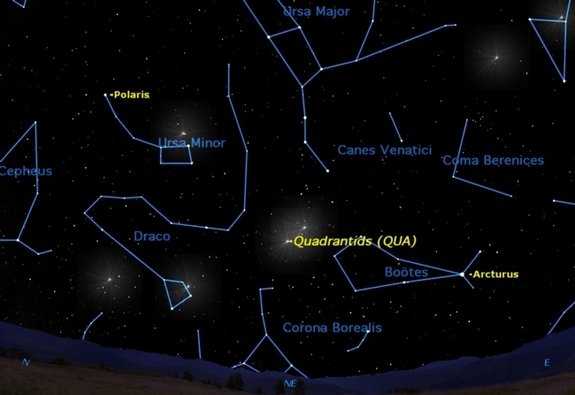 The first major meteor shower of 2012 takes place on the night of Tuesday, Jan. 3 and the morning of Wednesday, Jan. 4. It peaks at 2 a.m. EST (0700 GMT) on Jan. 4.