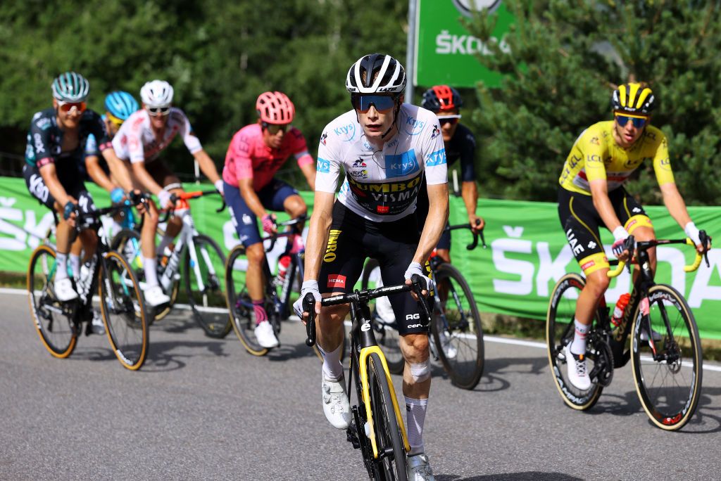 ANDORRELAVIEILLE ANDORRA JULY 11 Jonas Vingegaard of Denmark and Team JumboVisma White best young jersey during the 108th Tour de France 2021 Stage 15 a 1913km stage from Cret to AndorrelaVieille Col de Beixalis 1796m LeTour TDF2021 on July 11 2021 in AndorrelaVieille Andorra Photo by Tim de WaeleGetty Images