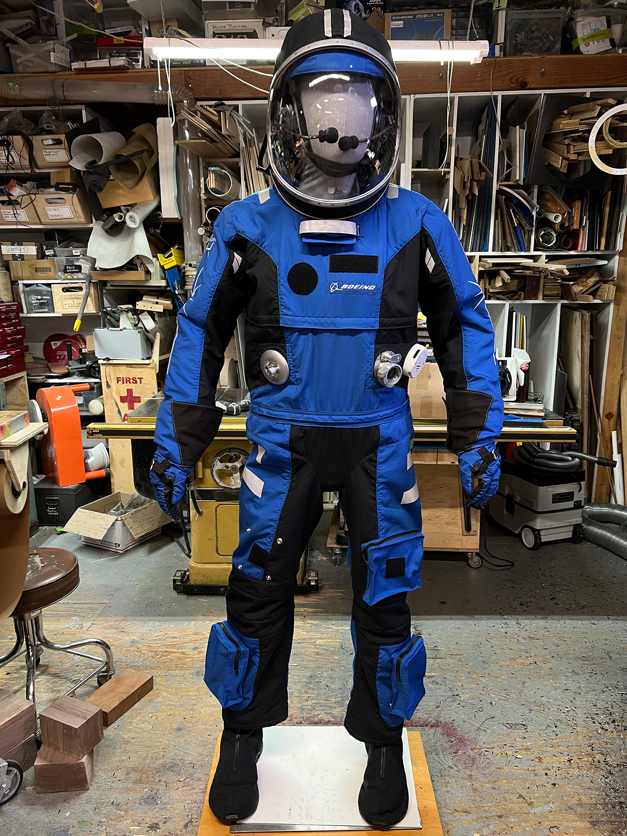 Adam Savage's replica of ILC Dover's Ascent and Entry Suit (AES) for Boeing's CST-100 Starliner crew spacecraft as seen in Savage's San Francisco workshop prior to shipping NASA's Kennedy Space Center Visitor Complex in Florida.