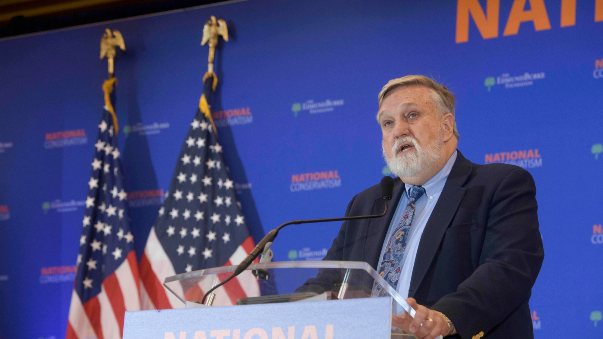 Pastor Doug Wilson speaks at a conservative conference in 2025.