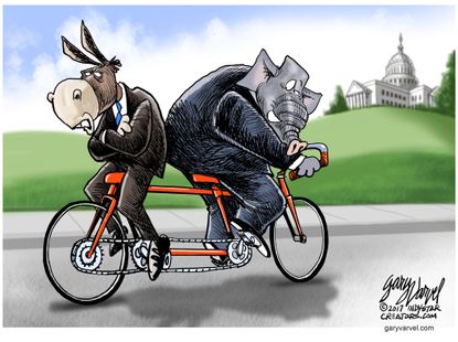 Political Cartoon U.S. Democrats pedal backward against Republicans