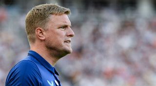 Newcastle United head coach Eddie Howe looks on from the sideline during the Premier League match between Newcastle United and Manchester City at St. James Park on August 21, 2022 in Newcastle upon Tyne, England.