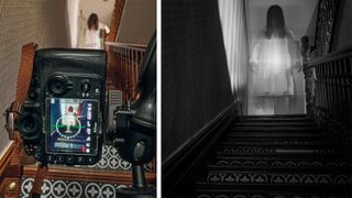 A ghostly apparition at the top of a staircase, as well as an image of the back of a camera taking the image