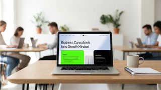 screenshot of Wix Studio on a macbook in a minimalist office space