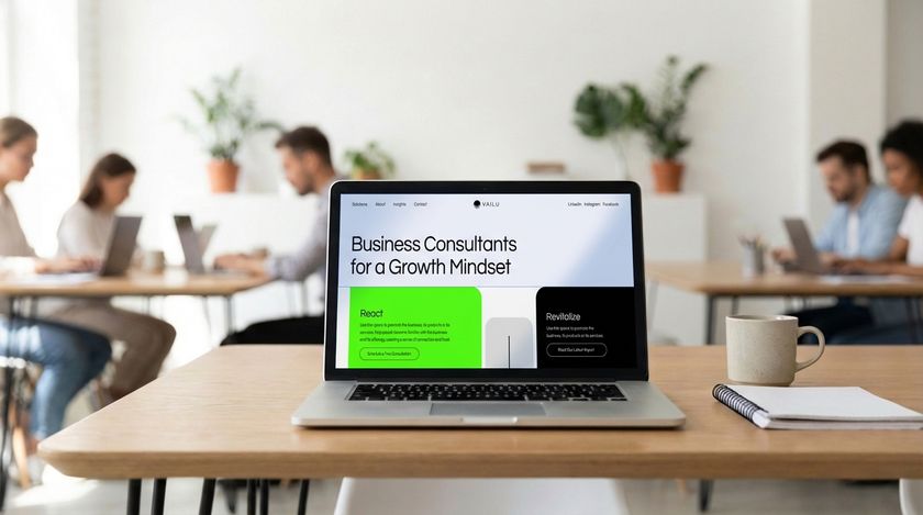 screenshot of Wix Studio on a macbook in a minimalist office space