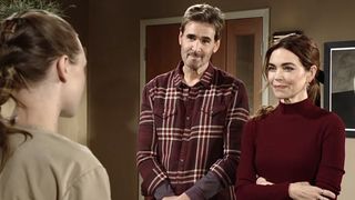 J. Eddie Peck and Amelia Heinle as Cole and Victoria smiling in The Young and the Restless