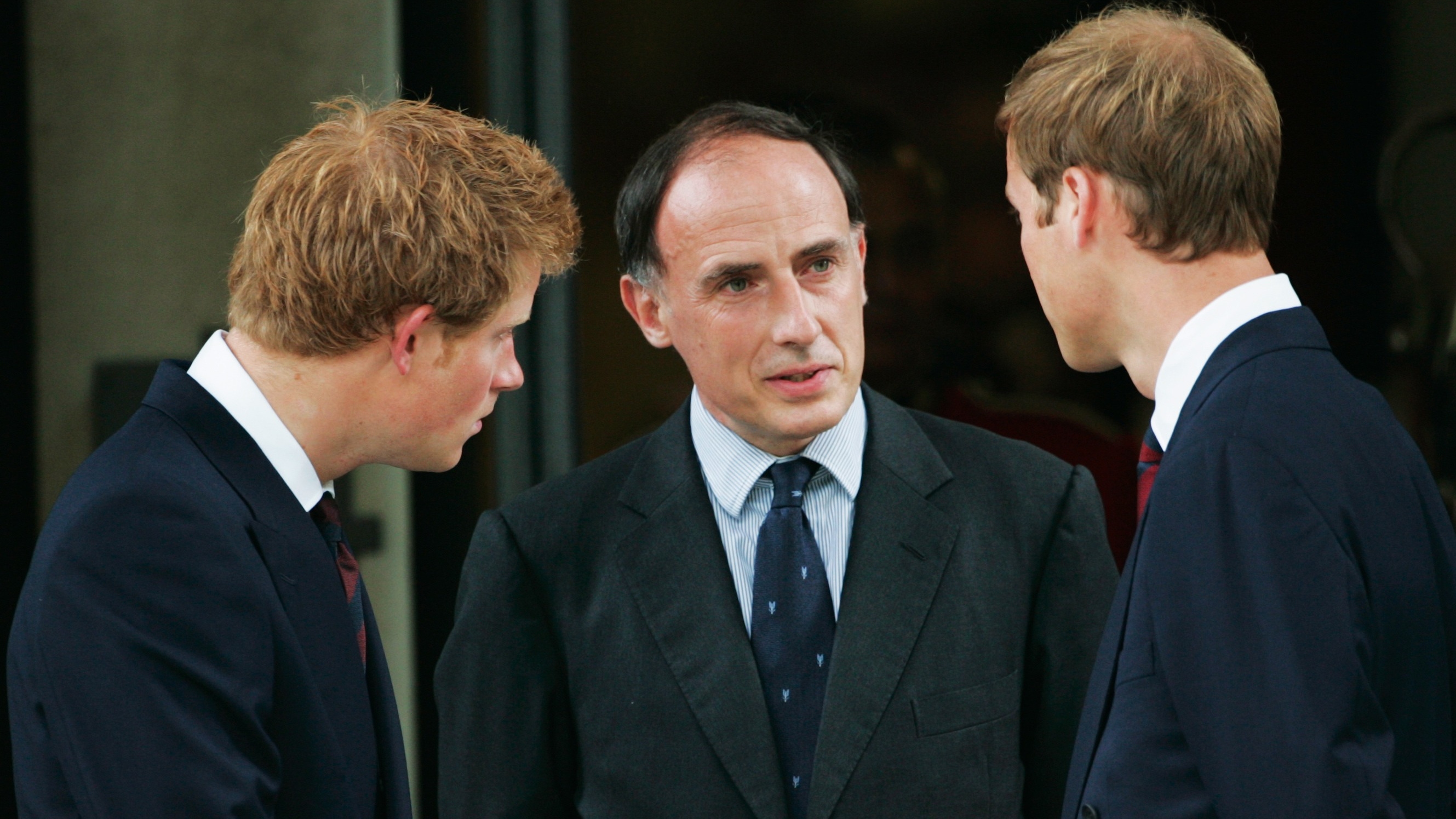 Prince William and Prince Harry with their Private Secretary Jamie Lowther-Pinkerton at the 10th Anniversary Memorial Service For Diana, Princess of Wales