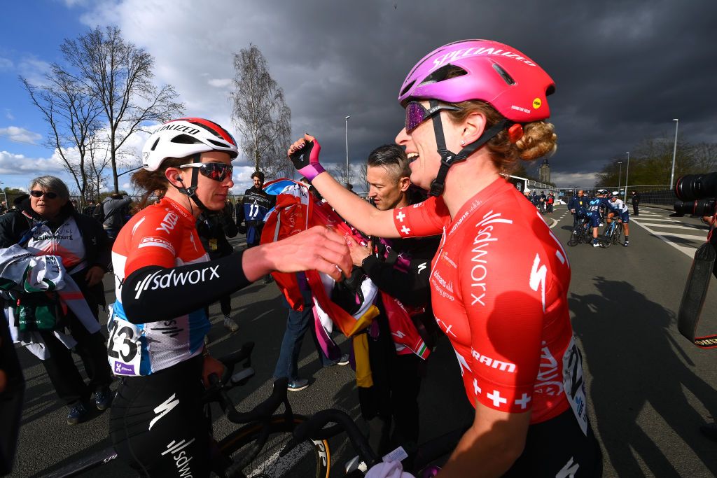 OUDENAARDE BELGIUM APRIL 03 LR Christine Majerus of Luxembourg Demi Vollering of Netherlands and Marlen Reusser of Switzerland and Team SD Worx celebrate after the 19th Ronde van Vlaanderen Tour des Flandres 2022 Womens Elite a 1586km one day race from Oudenaarde to Oudenaarde RVV22 RVVwomen on April 03 2022 in Oudenaarde Belgium Photo by Tim de WaeleGetty Images