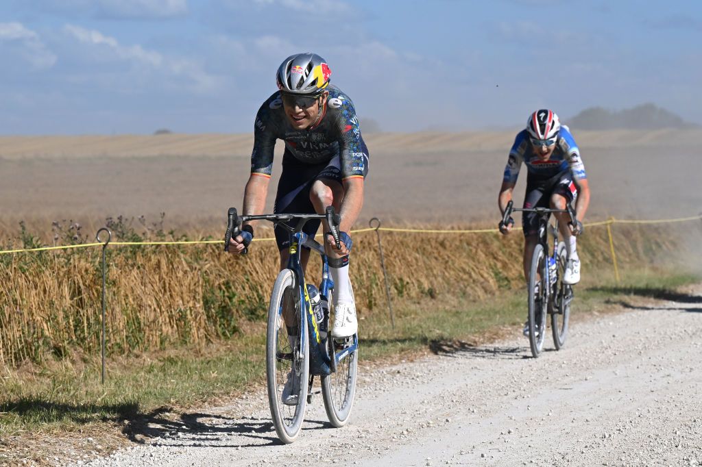 TROYES FRANCE JULY 07 Wout Van Aert of Belgium and Team Visma Lease a Bike competes passing through a gravel strokes sector during the 111th Tour de France 2024 Stage 9 a 199km stage from Troyes to Troyes UCIWT on July 07 2024 in Troyes France Photo by Tim de WaeleGetty Images